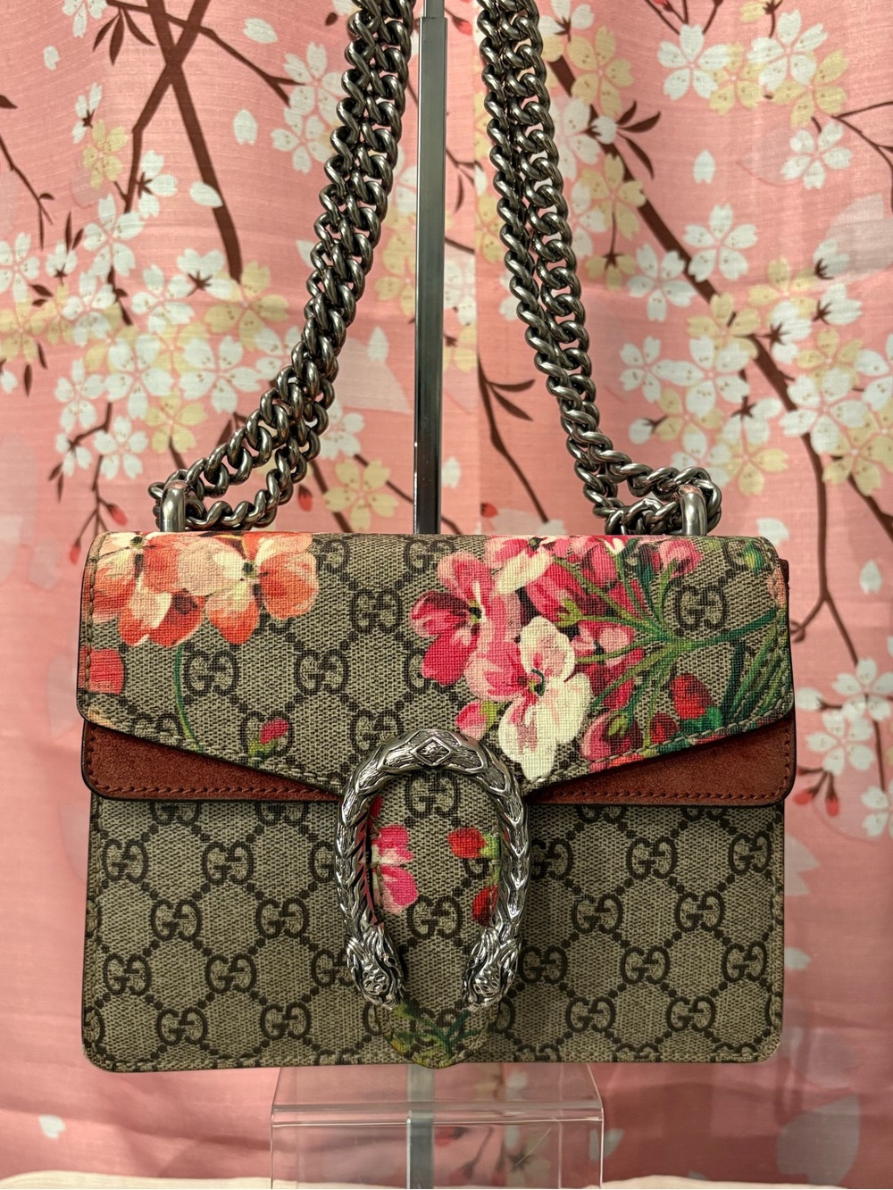 Gucci GG Supreme Dionysus Blooms Small Shoulder Crossbody Bag Pink with COA
